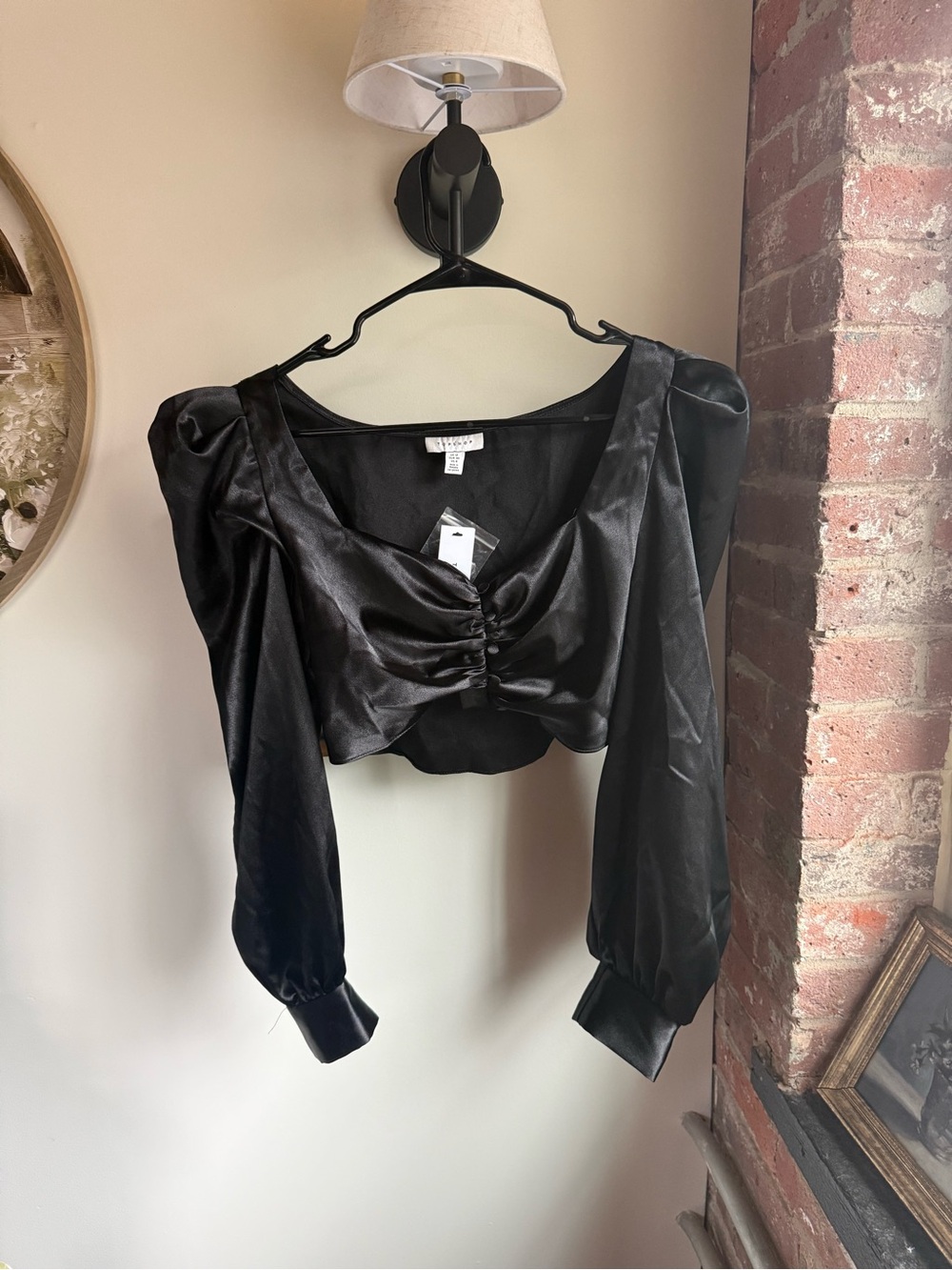 NWT Topshop Black Satin Ruched Puff-Sleeve Crop Top